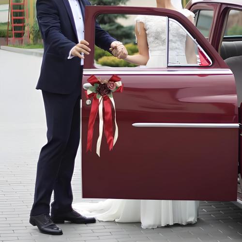 4PCS Wedding Car Door Handle Decorative Flowers, Burgundy Roses Artificial Flowers Bow Bouquet Just Married Automotive Decorations Accessories for Door Handles and Mirror(Burgundy)