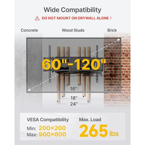 monTEK Heavy Duty XXL Full Motion TV Wall Mount for 60-120 inch Extra Large TVs, Holds 265 lbs, Max VESA 900x600, 27.7 Extension, Swivel & Tilt, Preassembled, Fits 12–24 Studs, LED/LCD/OLED 4K/8K