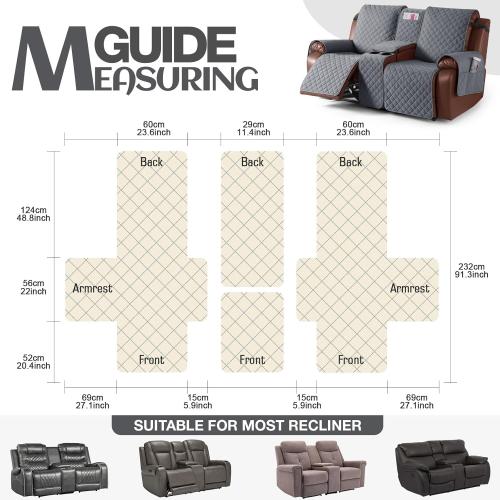 KinCam 100% Waterproof Recliner Loveseat Cover with Console, Non-Slip Reclining Couch Covers for 2 Seat, Recliner Sofa Cover Furniture Protector with Elastic Straps for Kids, Pets, Dark Gray