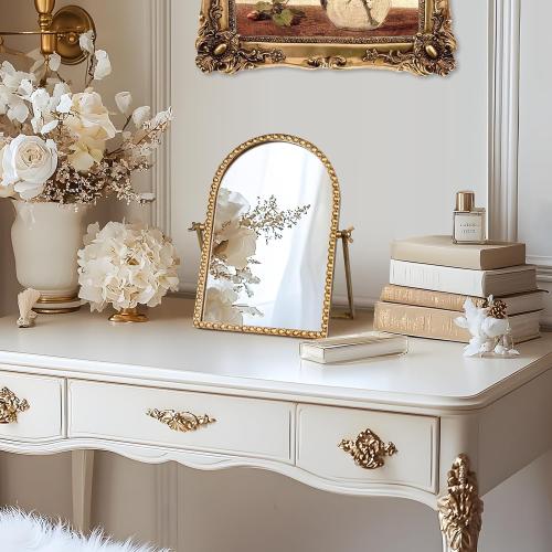 Vintage Desk Makeup Mirror, 11.8 L x 7.9 W Antique Gold Vanity Table Mirror, Metal Framed Arched Small Standing Mirrors with Beaded, 360 Adjustable Rotation for Tabletop, Bedroom