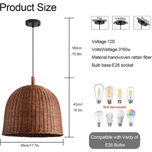 3-Light Dark Curry Rattan Pendant Light,17.7 Rustic Hanging Light,Brown Wicker Pendant Light Hand-Woven Rattan Chandelier for Workplace Restaurants Dining Living Kitchen Farmhouse