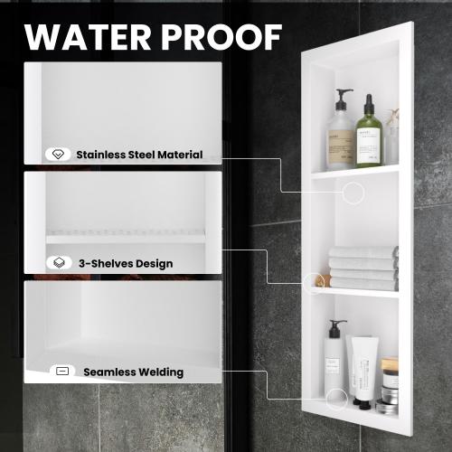 Stainless Steel Shower Niche 12 x 36, 3-Layer Wall Mounted No Tile Needed, Recessed Shower Niche with Hollow Partition, Shower Niches Shelf for Bathroom Organizer, White