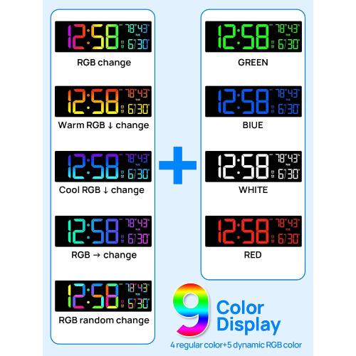 18.5 Large Digital Wall Clock, Big LED Digital Clocks, Remote, RGB Display