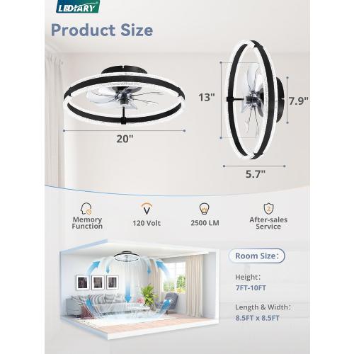 LEDIARY Ceiling Fans with Lights and Remote, 20'' Low Profile Ceiling Fan with Light, 3000-6000K Dimmable Fandelier Ceiling Fans, Modern Flush Mount Fan Light for Bedroom with 6 Wind Speeds- Black