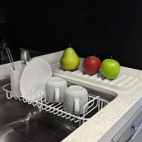SunnyPoint 304 Stainless Steel NeverRust Compact Dish Drying Rack with Utensil Holder & Removable Drain Tray, Rustproof Small Dish Rack for Kitchen Countertop or Over Sink – White