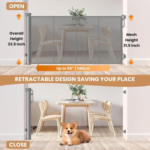 SPACEANY Reinforced Retractable Baby Gate, Mesh Dog Gate, Child Safety Gate for Doorways, Stairs, Hallways, Indoor/Outdoor, Wide Openings -33.5 Tall, Width up to 55 Gray