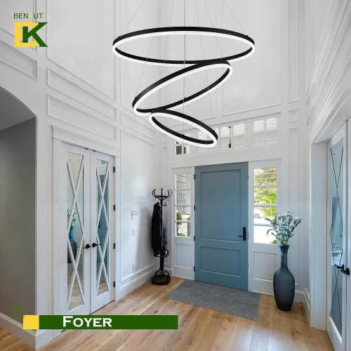 D31.5 3 Rings Modern LED Chandelier Black Dimmable LED Pendant Light with Remote Control Circular Flush Mount High Ceiling Light for Dining Room Living Room Bedroom Foyer(3000K-6500K, H71)