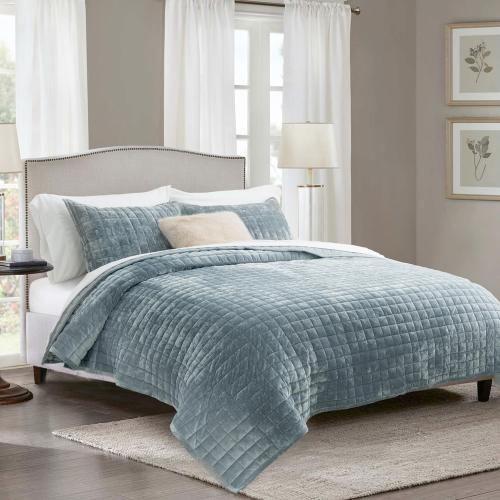 RECYCO Luxury Velvet Quilt Set King Size Bedding Sets, Ultra Soft Velvet Comforter Set, Lightweight Channel Box Stitch Oversized Bedspread Coverlet for All Season, with 2 Shams, Blue Linen