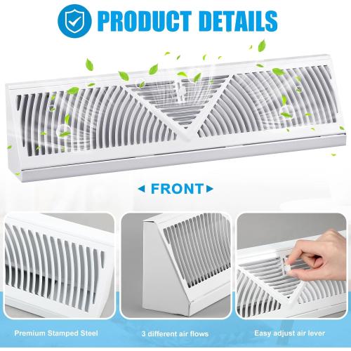 Yaocom 3 Pcs Baseboard Register Vent 18 Inch Duct Opening Size Baseboard Vent Covers Diffuser Adjustable Corner Return Air Grille for Home Floor Wall Air Flow Control(White)