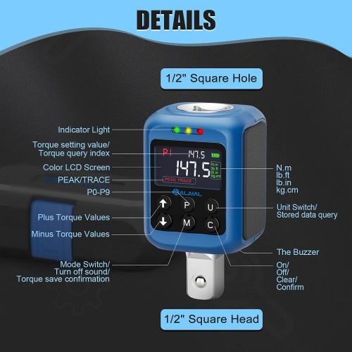 Digital Torque Adapter 1/2, 2.2-147.5 Ft-lb/3-200 Nm, Digital Torque Wrench Converter with ±2% Accuracy, Buzzer and LED Indicator, 2 Modes, 4 Units, 3/8'' & 1/4'' Adapters for Car, Moto