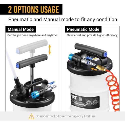 EWK Patented 6.5L Pneumatic/Manual Oil Extractor for Oil Change Pump for Automotive Fluids Vacuum Evacuation
