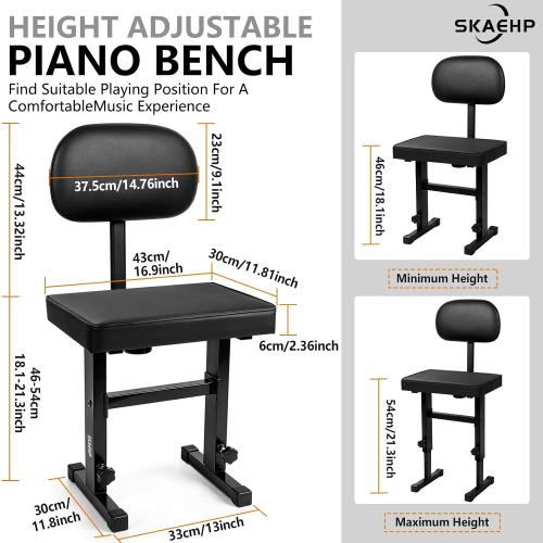 Piano Bench with backrest, Adjustable Music Keyboard Bench Stool Seat with Black Padded Cushion for Keyboard Piano, Professional Heavy Duty Piano Stool Chair with PU Leather for Musicians