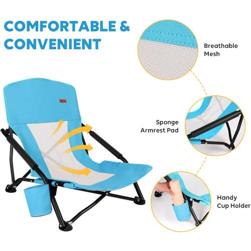 TOBTOS Low Beach Chair for Adults 2 Pack, Low Profile Folding with Cup Holder & Carry Bag, Heavy Duty Chair for Outdoor Sand, Camping, Concert, Travel