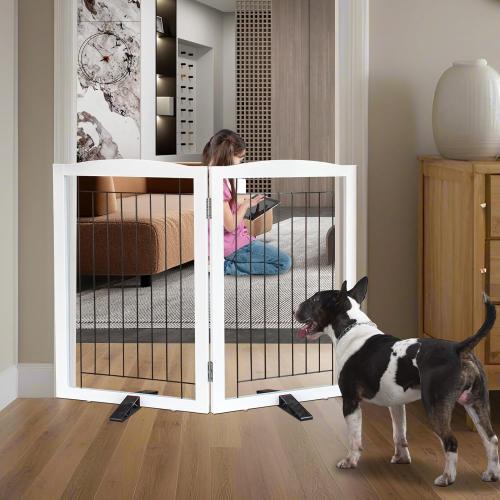 Size 40x32 inches Dog Fence Indoor - 2-Panel Freestanding Dog Gate for Doorways, Hallways, House or Stairs -40x32-Inch Retractable Foldable Expandable Wood Pet by SFJC (White)