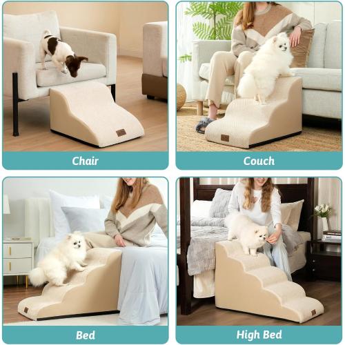 Dog Stairs for Small Dogs 15.7 H, Curved Dog Step for Puppy, Older Cat, Medium Pet Ramp for Sofa, Couch or Chair, Ladder with High Density Foam, 3 Step, 15.7x22.4x15.7 inch, Beige