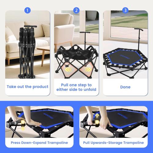 HXD-ERGO 42'' Foldable Mini Trampoline, Rebounder Trampoline with Adjustable Foam Handle, Fitness Trampoline for Indoor, Outdoor, Home Gym, Max Load 460lbs