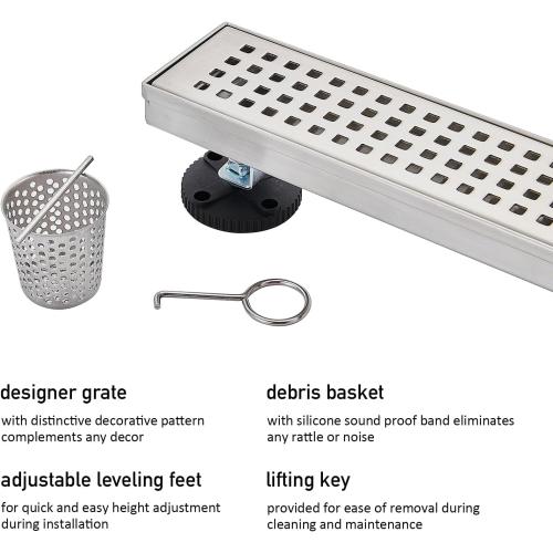AVSIILE Linear Shower Floor Drain, Brushed Nickel 24 Inch 304 Stainless Steel Bathroom Drains Kit, Long Rectangular Shower Trench Drain with Square Pattern Drain Cover & Hair Catcher