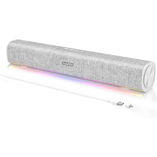 SOULION R100 Bluetooth Computer Speakers with Dynamic LED Light, USB Plug & Play PC Speakers with Switch Button, Clearly Sound Soundbar for Desktop Laptop Monitor White (USB-C to USB Adapter Included)