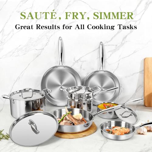 Triple Ply Stainless Steel Pots and Pans Set, EWFEN 12 Piece Induction Cookware Set, Oven Dishwasher Safe | Frying Pans, Saucepans, Saute Pan & Stock Pot, PFOA Free Kitchen Skillet