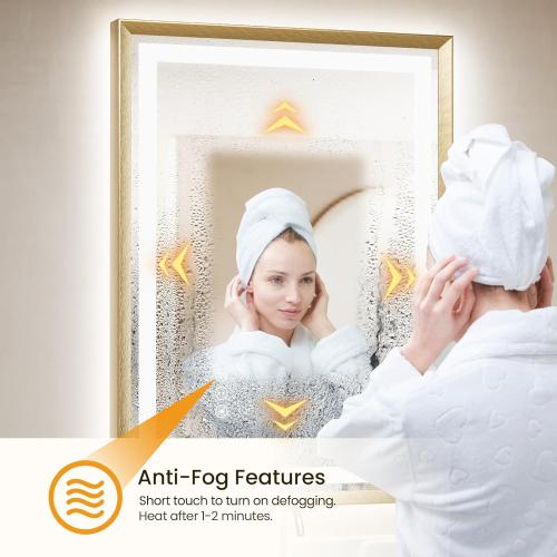 24x36 LED Mirror for Bathroom, Brushed Gold Metal Frame Mirror with Backlit   Front Lit, Bathroom Mirror with Lights, Anti-Fog, Dimmable, Lighted Mirror Tempered Glass(Horizontal/Vertical)