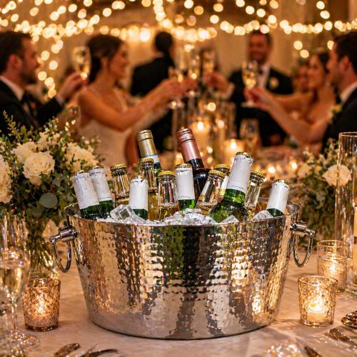 BREKX Insulated Hammered Stainless Steel Beverage Tub & Ice Bucket, 12 Qt | Double-wall insulated tub keeps beer, wine and champagne chilled. Double-hinged handles make carrying easier.