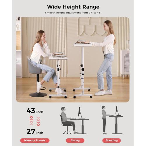 KLSMYHOKI Standing Desk Adjustable Height, Mobile Stand Up Desk with Wheels Small Computer Desk Rolling Desk, Portable Laptop Desk White Standing Table Home Office Desks 16x31.5 Height 27-43.5