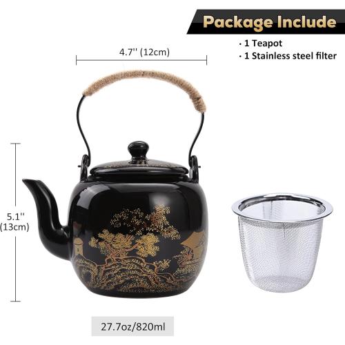 DUJUST Traditional Japanese Tea Pot, Black Porcelain Chinese Teapot with Stainless Infuser, Beautiful Asian Teapot for Adults, Tea Lover/Women/Men (Countryside in Golden)