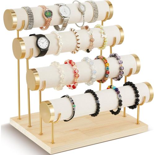 Wenqik 4 Tier Detachable Bracelet Holder Bracelet Display Stand Beige Velvet Jewelry Organizer Displays for Bangles Necklace Watches Scrunchies Hair Ties (Beige)