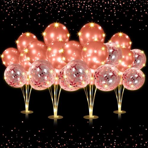 4 Set Table Balloon Stand Kit with Lights Balloons Holders Centerpieces for Table Light up Tabletop Centerpieces for Wedding Baby Shower Birthday Party Halloween Christmas(Rose Gold)