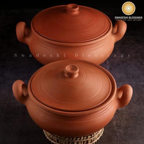 Swadeshi Blessings HandMade Unglazed Clay Pot for Cooking with Lid, 3Liters | Chemical-Free, Multi-Use Clay Cookware, Earthen Kadai, Mud Handi, Mitti Ke Bartan, Serving Pot, Free Cleanser&Palm Leaf Stand