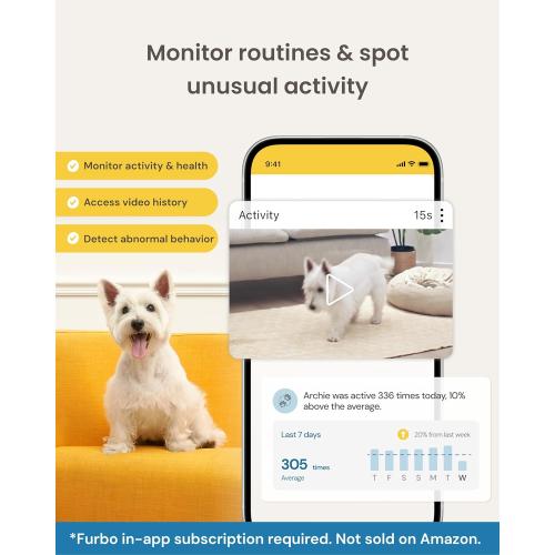 Furbo 360° Dog Camera - Unlock with Paid Plan: Home Security & Dog Safety Alerts, Rotating Pet Treat Dispenser w/ 2-Way Speaker, Smart Indoor Cam w/Phone App (3mo Minimum Subscription Required)