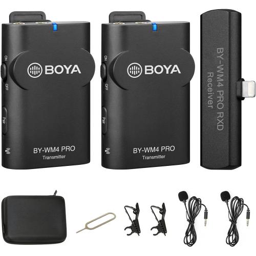 BOYA 2.4GHz Wireless Lavalier Lapel Microphone System for iPhone/iPad Dual Clip On Cordless Lav Mic for Vlog Video Recording YouTube with Lightning Connector Receiver and Transmitter by-WM4 PRO-K4