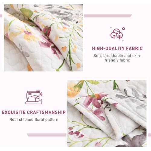 White Floral 128x120 Lady Ann Oversized King Bedspreads for Extra Bed 128x120, Wild Floral Printed Quilt Set 100% Cotton Yellow Flower Botanical Pattern Bedding, Vintage Coverlet with Pillow Shams for All Season, 3 PCS