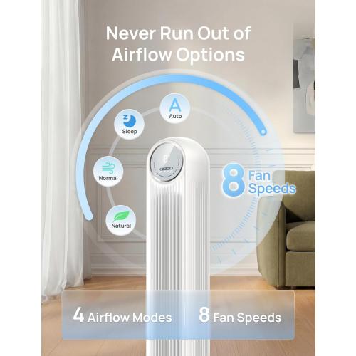 DREO Tower Fan for Bedroom, 2026 Upgraded DC Motor, 28ft/s High Velocity, 20dB Ultra Quiet Standing Fan, 8 Speeds 4 Modes, 90° Oscillating Bladeless Fan for Indoors, Floor Fans with Remote, White