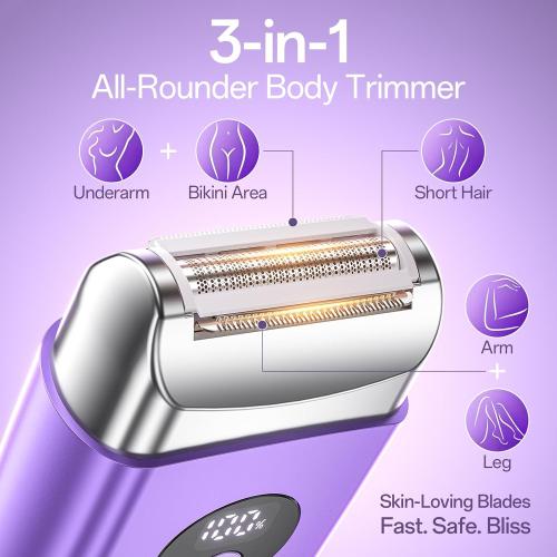 Cordless Electric Razors for Women, Travel Electric Shaver with LED Display, Rechargeable Body Trimmer Shaver for Private Area, Face Underarms Bikini,Lips,arms, Legs (Purple)