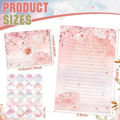 TaoBary 160 Pcs Stationery Paper Set 50 Double Sided Stationery Papers with 50 Matching Envelopes and 60 Round Dot Sticker, 10 Design(Cherry Blossom,5.5 x 8.25 Inch)