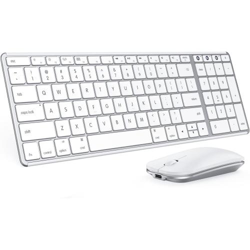 seenda Bluetooth Keyboard and Mouse for Mac, SKM64-2 Multi-Device Rechargeable Slim Wireless Keyboard Mouse Stainless Steel Full Size, Compatible with MacBook Pro/Air, iPad, Mac - White Silver