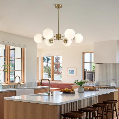 KCO 6-Light White Milk Glass Chandelier Brass Gold Sputnik Ceiling Light | E26 Bulb Included, Adjustable Height for Sloped Ceiling, Mid Century Modern Pendant Light for Dining Room Kitchen Living Room