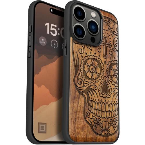 Carveit Magnetic Wooden Case for iPhone 15 Pro Case, Compatible with MagSafe Wireless Chargers, Black Soft TPU Shockproof Cover & Wood Artisan Engraved (Sugar Skull) - Walnut