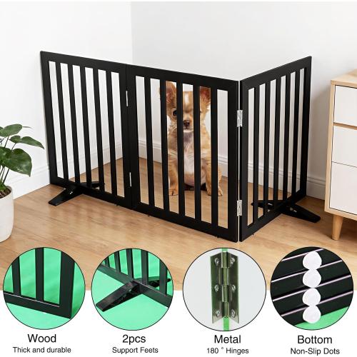 Dog Gate Indoor, Freestanding Dog Fence for The House, Doorways, Hallways,or Stairs,Pet Gate Foldable Wooden,Expandable 24 Height 3 Panels,Black