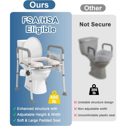 HOMLAND Raised Toilet Seat with Handles, Toilet Seat Riser for Seniors with Adjustable Height & Width, FSA/HSA Eligible 400lb Handicap Elevated Toilet Seat for Elderly, Pregnant, Fit Any Toilet