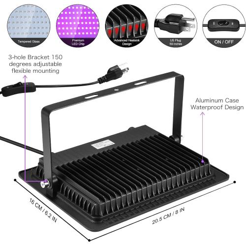 300W 4 Pack 100W LED Black Lights, Blacklight Flood Light with Plug and Switch, 120VAC IP66 Waterproof Blacklight for Halloween Party, Glow in The Dark, Stage Light, Body Paint, Neon Glow