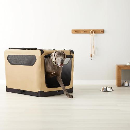 Amazon Basics Dog Crate, Travel Dog Kennel Double Door Collapsible, Lightweight Soft-Sided Folding, Portable Dog Cage, XL 42 x 31 x 31, Tan