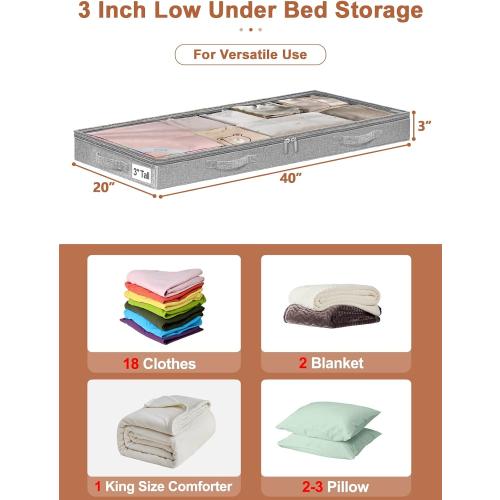 3 Inch Low Profile Under Bed Storage Bins with NO STURCTURE Design, Shallow Clothes Storage Bags with Clear Lids & Waterproof Fabric - Fits Under Sofa, Couch, Dorm, or College Beds，40x20x3inch，Grey