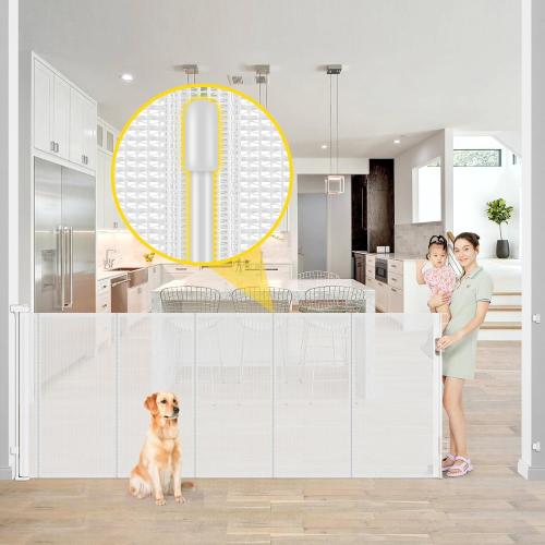 Size 42 Color White Reinforced 42” Extra Tall x 80” Wide Retractable Baby Gates with Rods to Prevent Crawling Through, Extra Tall Dog Gate for Large Openings Indoor Outdoor Long Mesh Gate for Stairs and Doorways, White