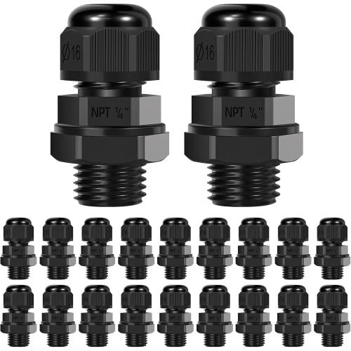 1/4 NPT Nylon Cable Connector, Strain Relief Cord Connector, IP68 Waterproof Adjustable Locknut, Wire Pass Through Grip, Black, 20 PCS
