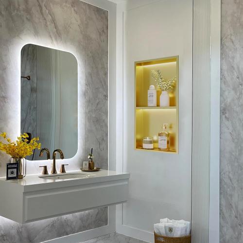 Neohomee 2-Tiers 12x24 Shower Niche with LED Light Strips, Golden Recessed Wall Cabinet, Stainless Steel Wall Niche for Shower Wall, Waterproof NO Tile Needed Storage Organizer (3000K LED Light)