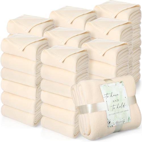 Buryeah 48 Pack Oeko-Tex Certified Wedding Flannel Throw Blanket Bulk 50 x 60 Inch Soft Fleece Lap Blanket with Thank You Cards Ribbon for Guests Sleepover Spa Slumber Gifts (Beige)