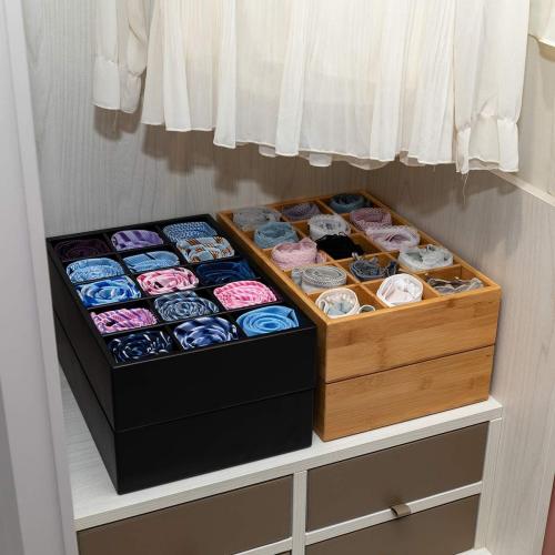 GOBAM Bamboo Closet Drawer Organizer, 15 Compartments - Drawer Divider & Storage Box for Ties, Bras, Briefs, Socks & Jewelry - Storage Organizer for Dressing Room & Bedroom - Black