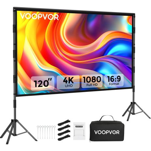 Outdoor Projector Screen with Stand: VOOPVOR 120 inch Portable Projector Screen Indoor - Upgraded Movie Screen 16:9 4K HD - Wrinkle-Free Lightweight Projection Screen with Carry Bag for Backyard Night